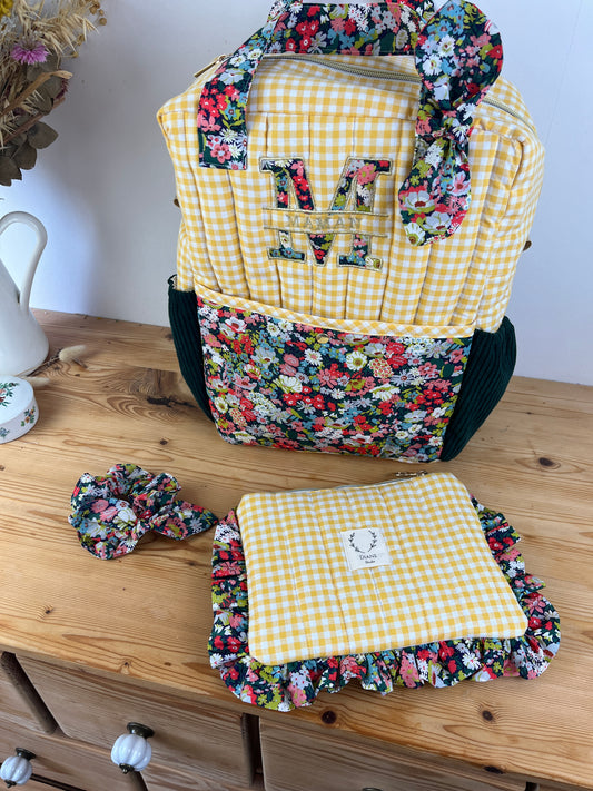 Ensemble : sac à dos Angélique, pochette Jeanne et chouchou noeud