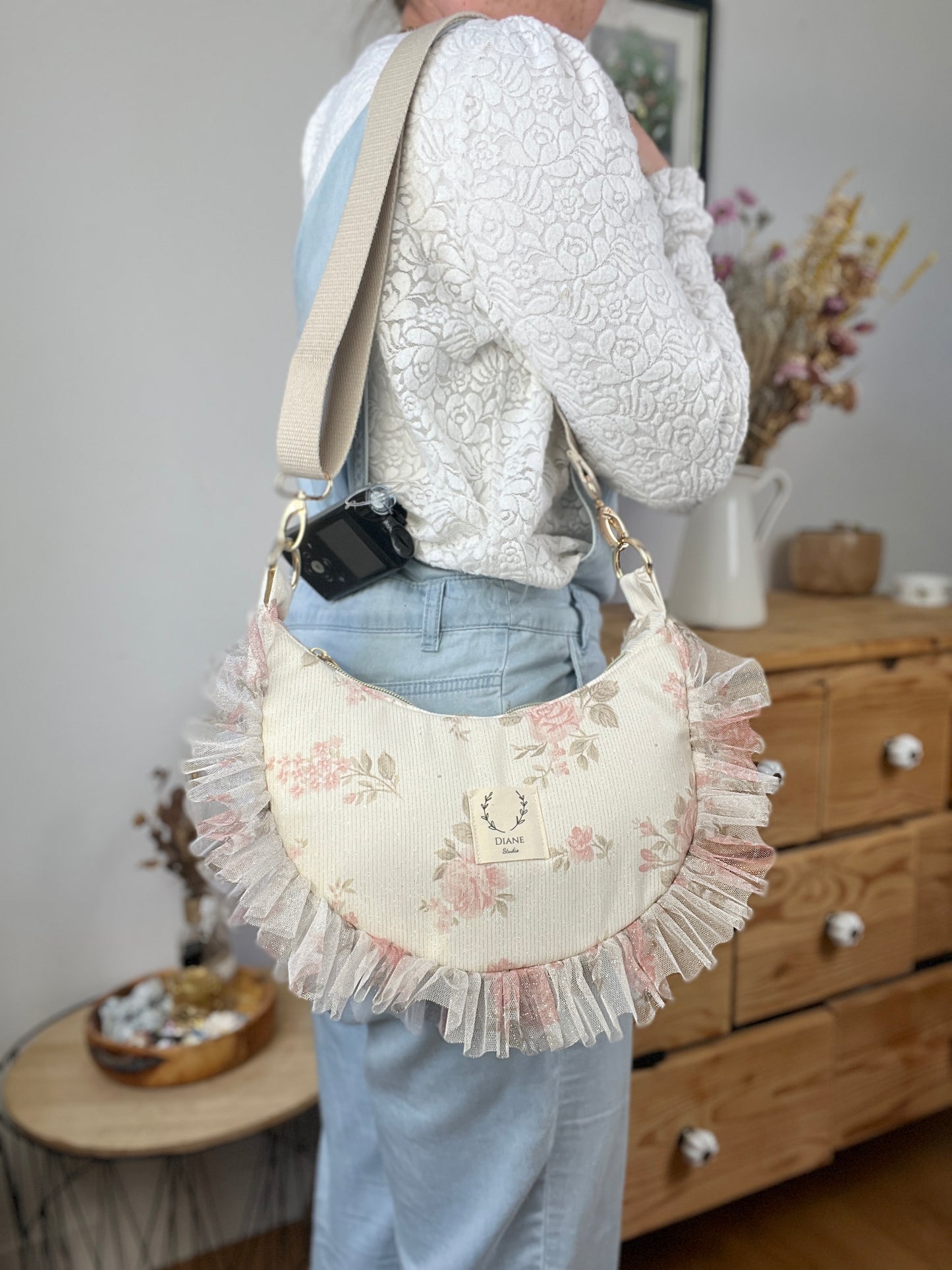Milan the croissant bag jacquard roses and glittery tulle French-in stock