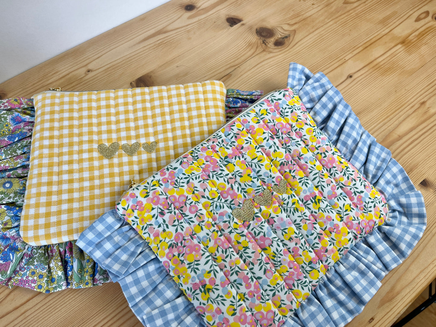 Quilted flat clutch bag in yellow gingham and Liberty of London