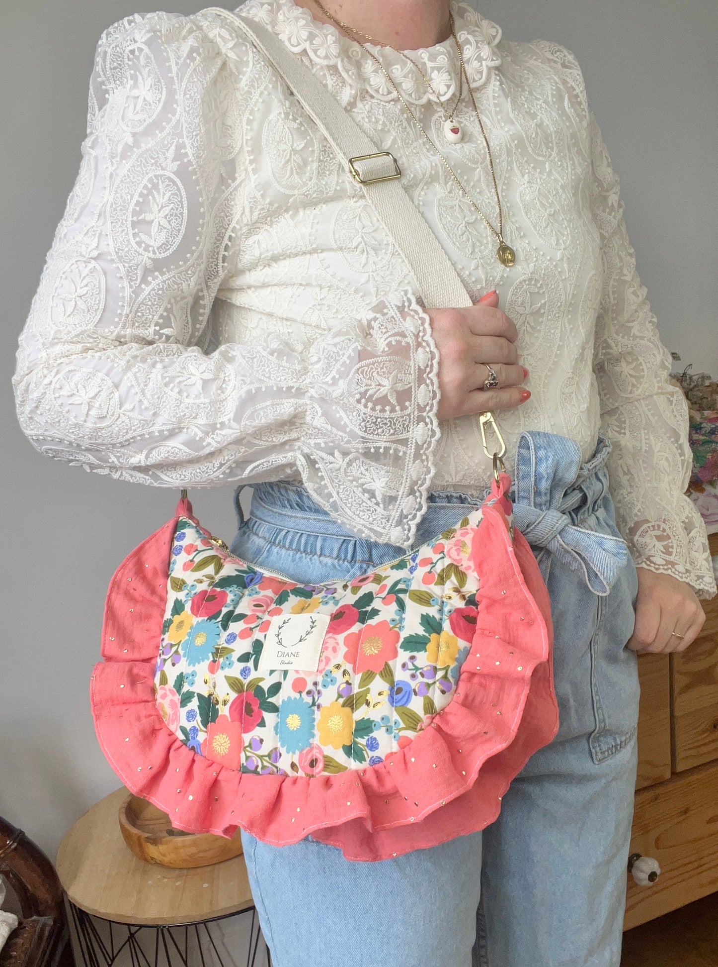Milan the vintage quilted crescent bag in cream and coral