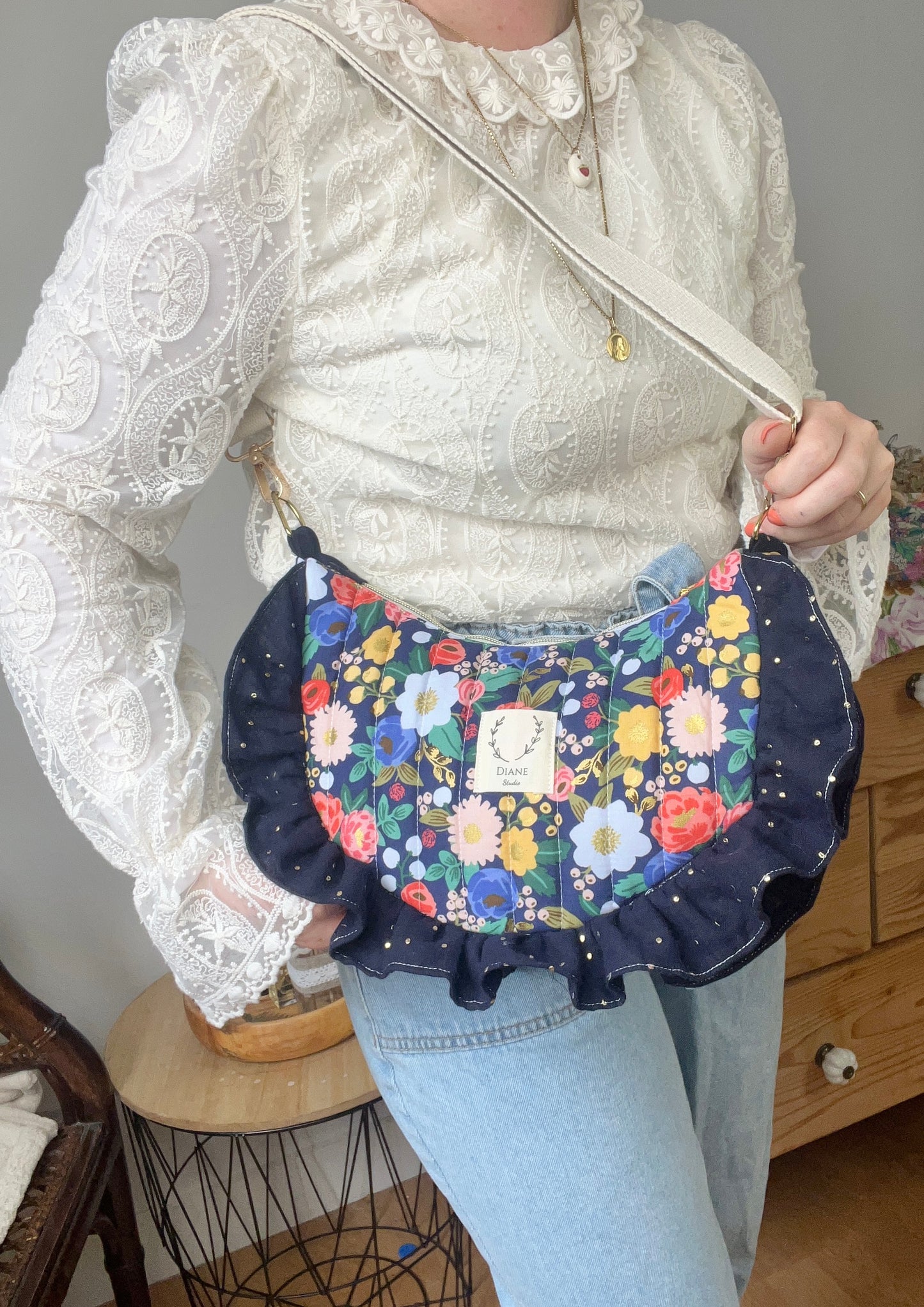 Milan the vintage quilted croissant bag garden blue