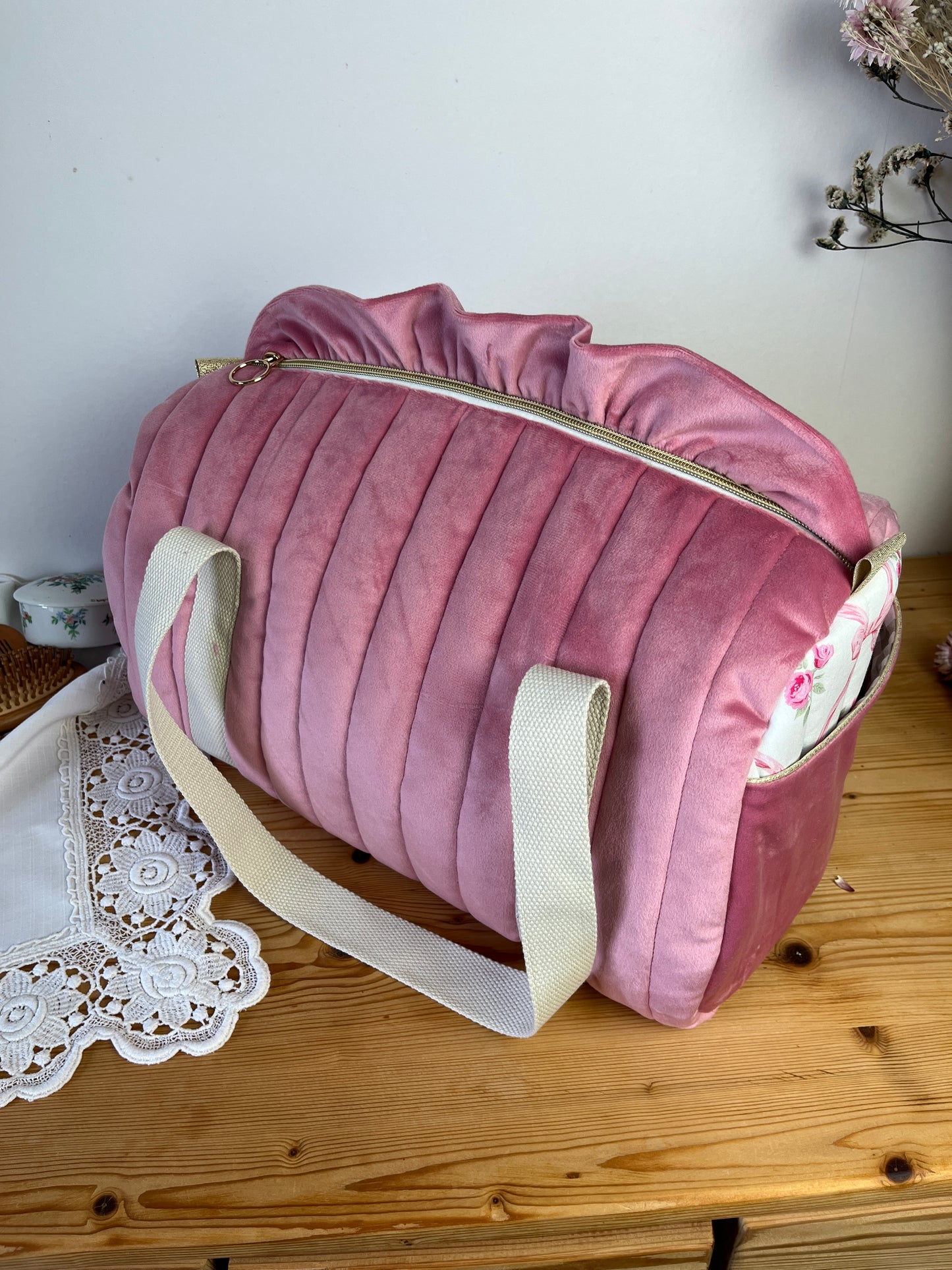 Sac Louison velours rose thé