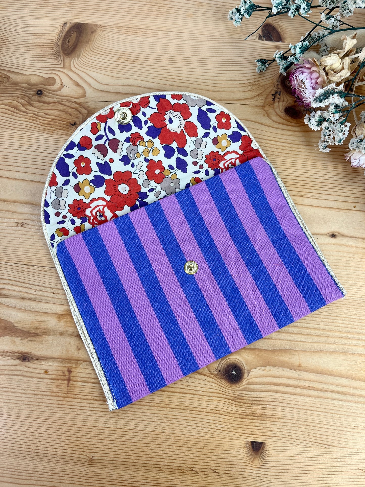 The blue and purple striped Liberty print wallet