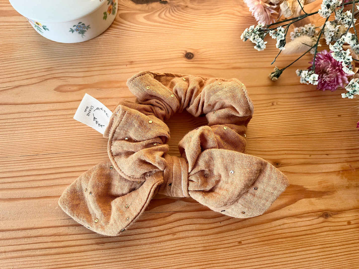 Camel gauze scrunchie with gold polka dots