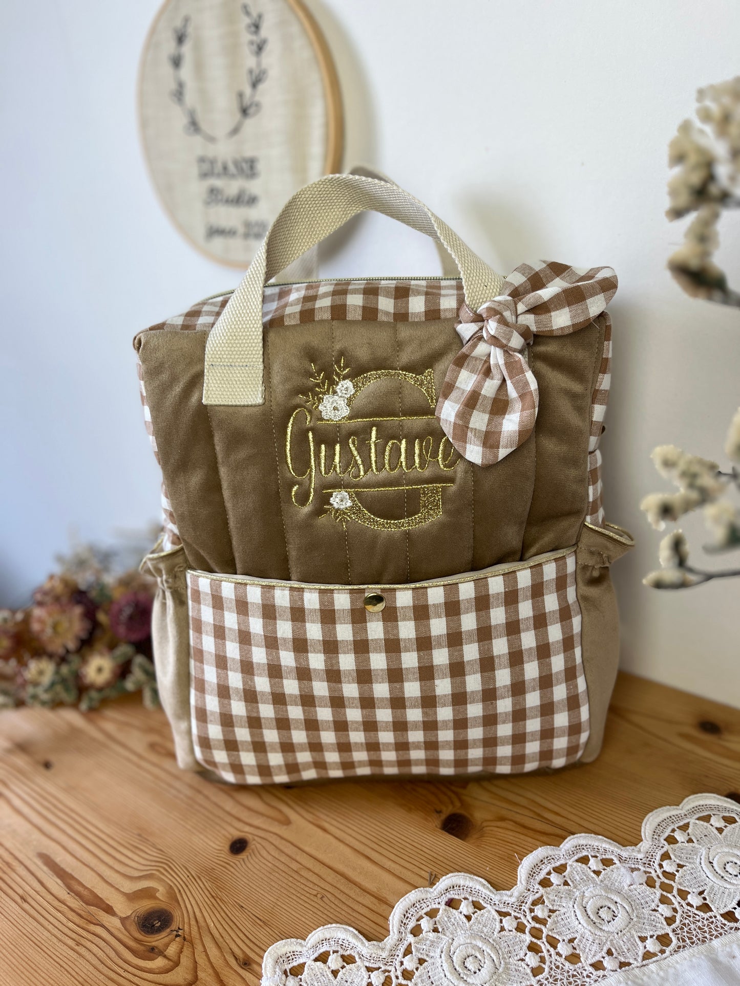 The Ombeline children's backpack in quilted gauze and sky blue gingham