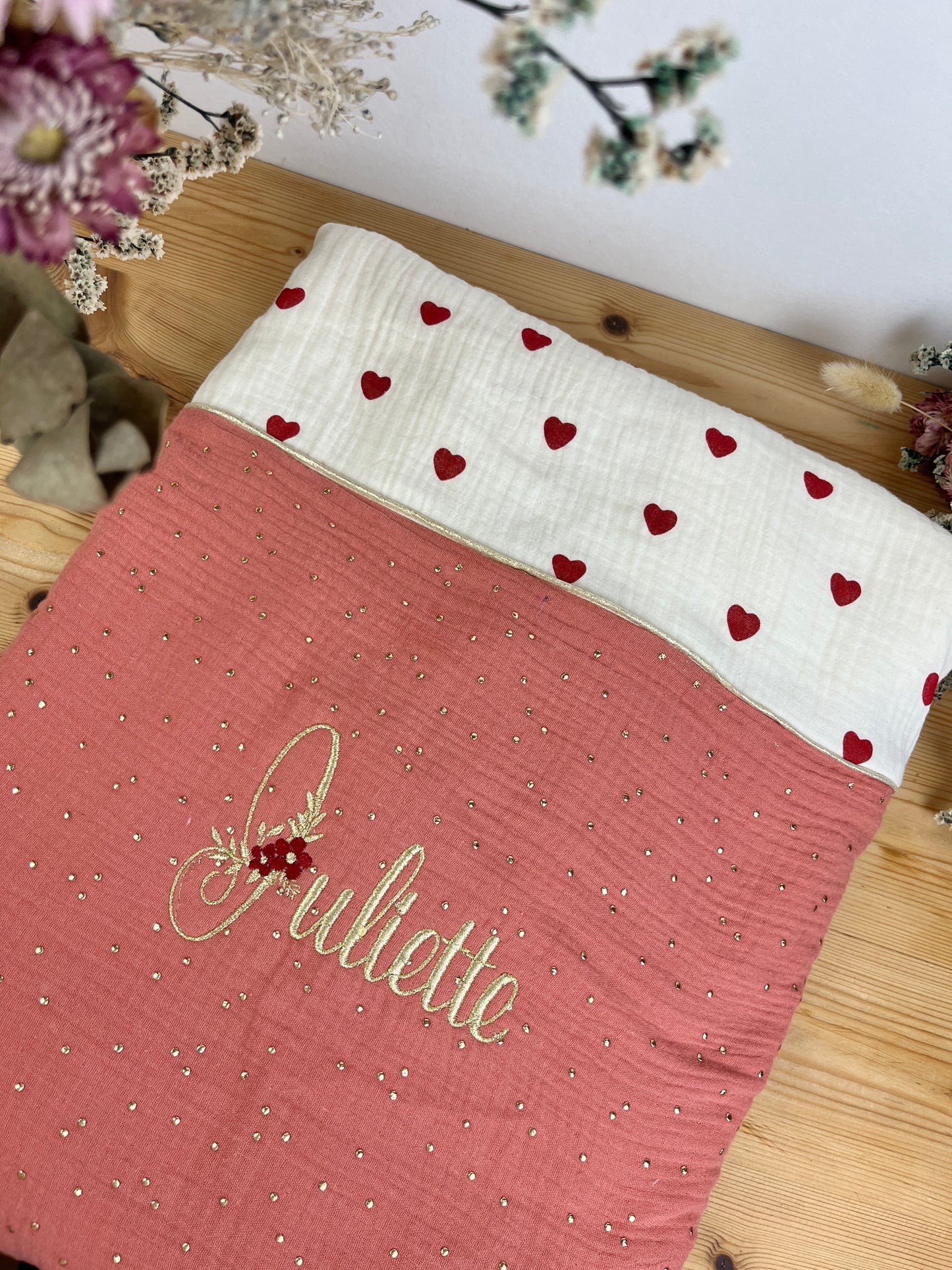The cover with little hearts and marsala gauze