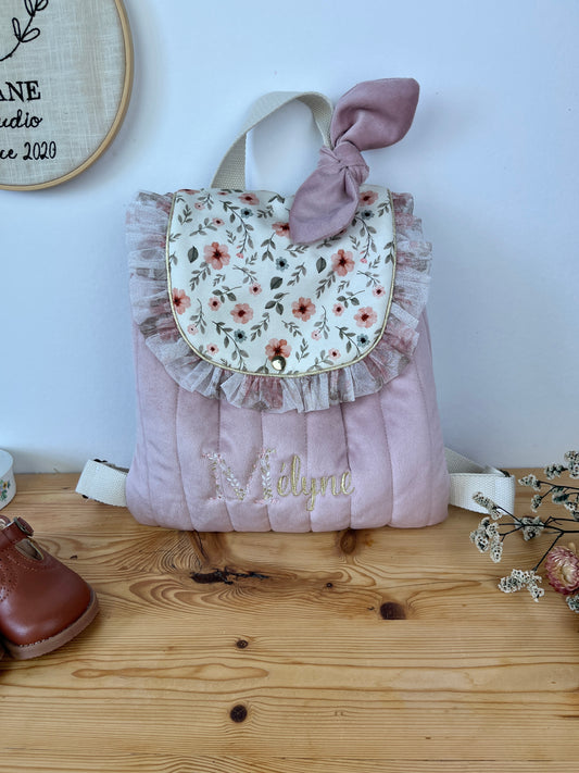 Le sac à dos Églantine velours rose poudré Amandine et tulle