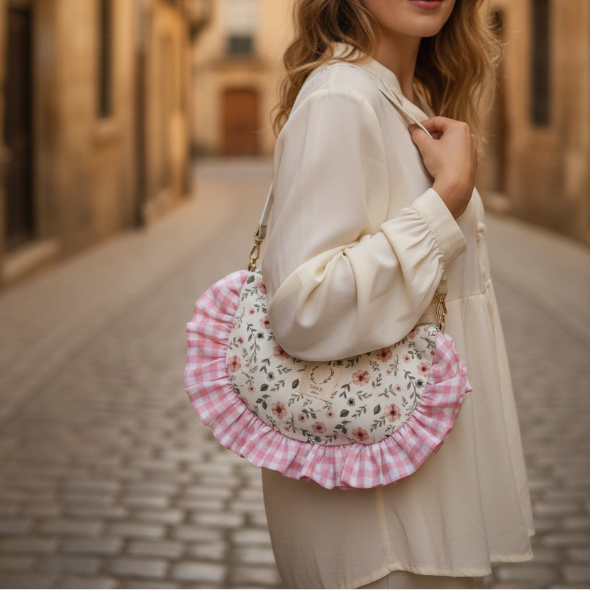 Milan the croissant bag with pink and gingham patterns