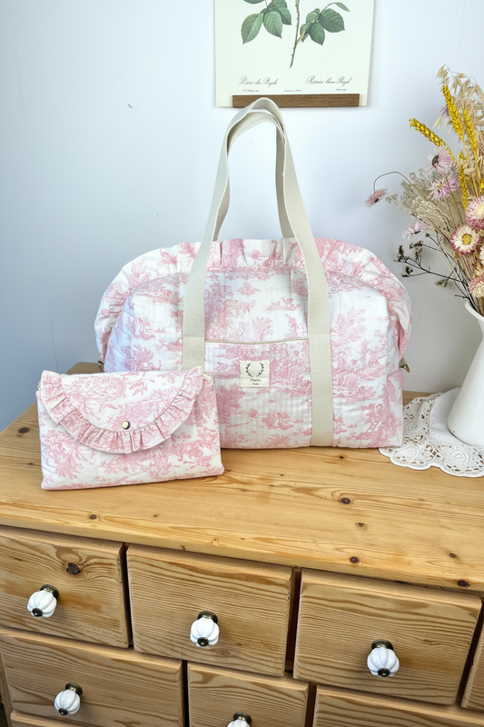 Ensemble Sac Chloé et matelas à langer toile de jouy rose
