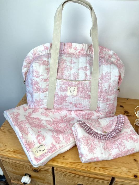 Ensemble Sac Chloé, couverture et matelas à langer toile de jouy rose