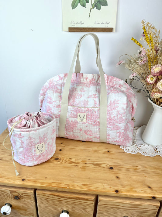 Ensemble Sac Chloé et panier pochon toile de jouy rose