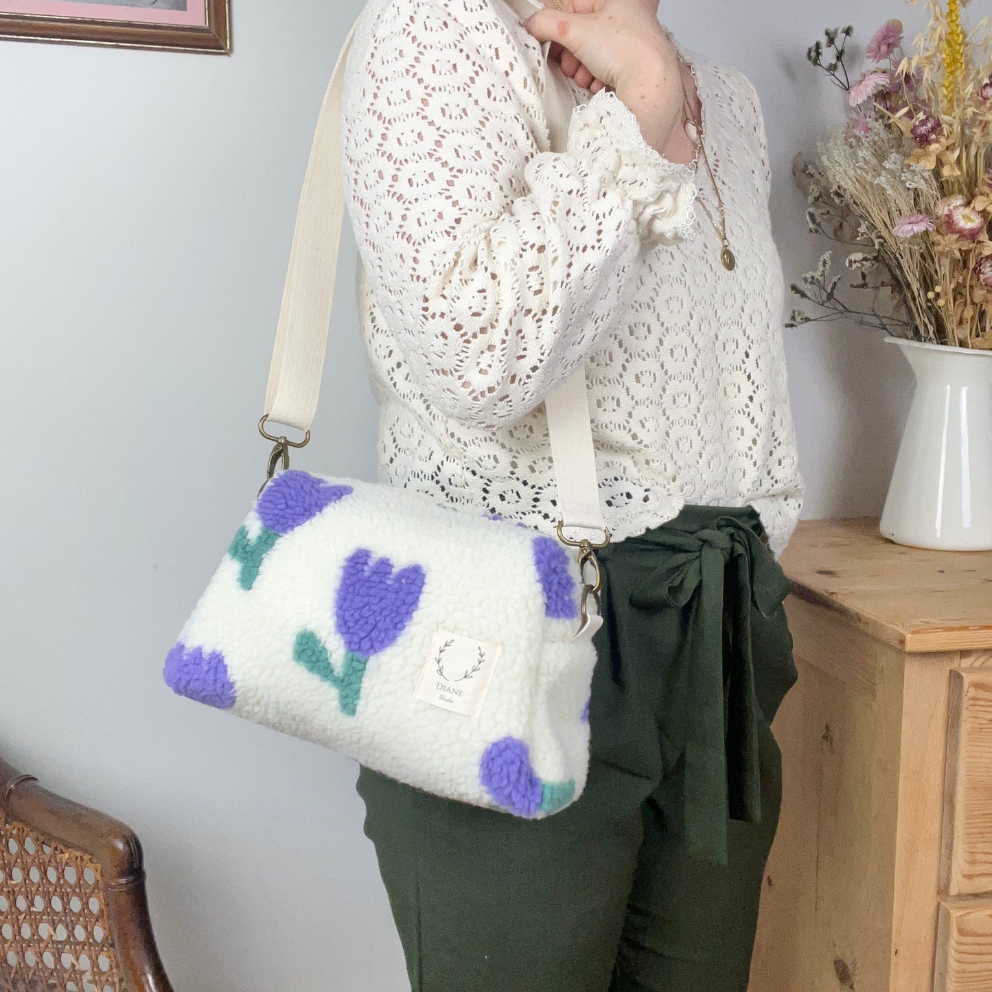 Colette sherpa shoulder bag in purple tulips - made to order