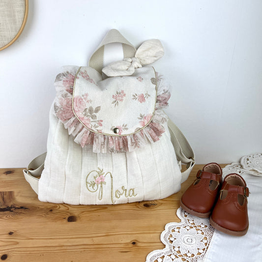 Le sac à dos Églantine jacquard roses pailleté gaze crème