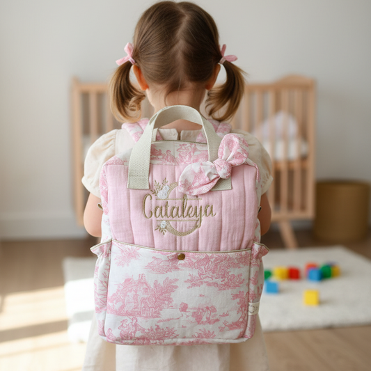The Ombeline children's backpack in quilted gauze and sky blue gingham