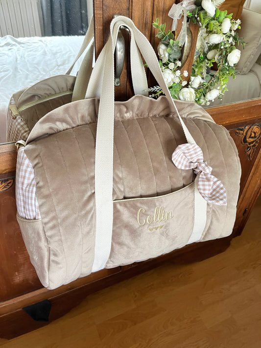 Sac Louison velours et vichy galet personnalisable