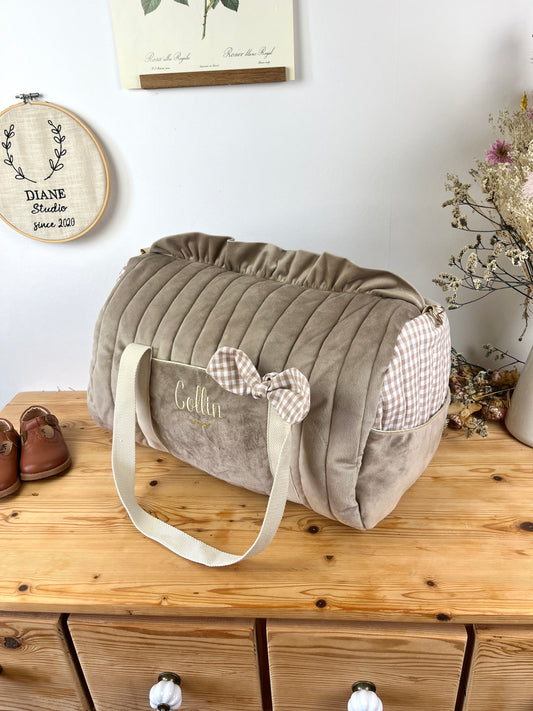 Sac Louison velours et vichy galet personnalisable