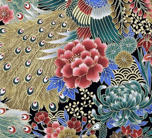 Coupon 80x30cm coton japonais paon doré