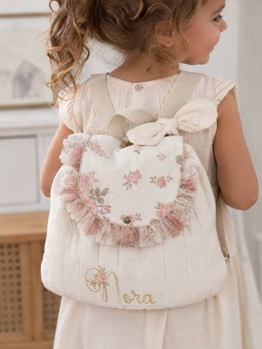 Le sac à dos Églantine jacquard roses pailleté gaze crème