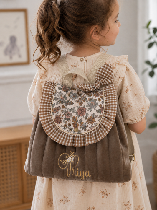 Le sac à dos Églantine velours, vichy et marion
