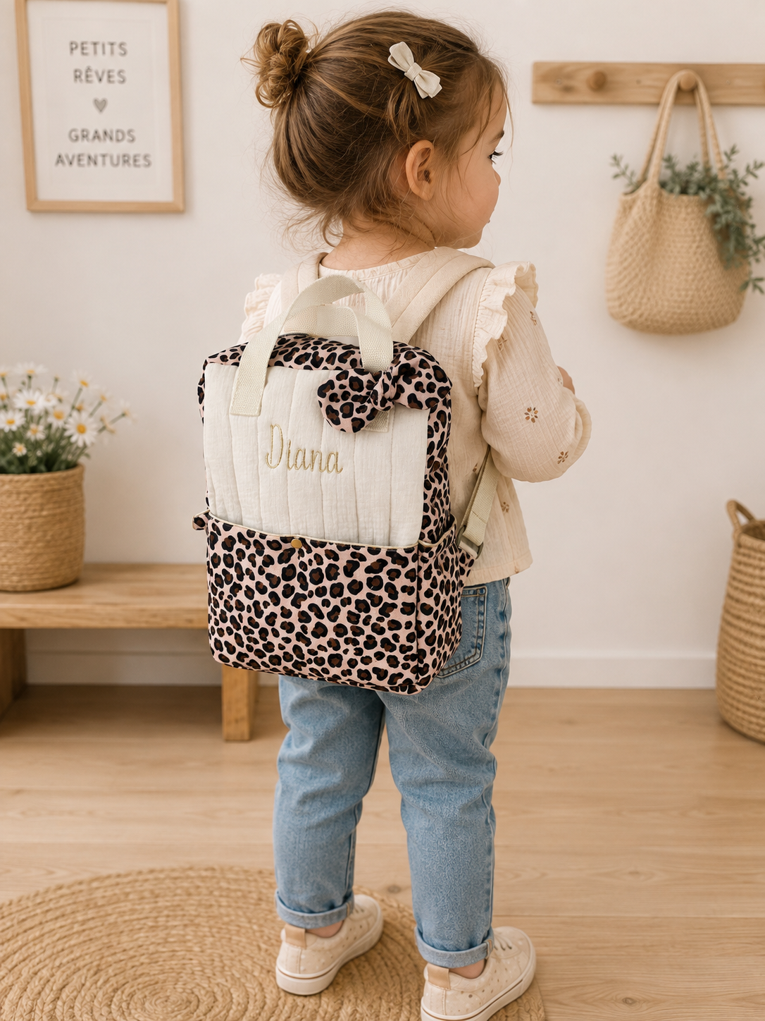 Le sac à dos enfant Ombeline gaze crème et léopard
