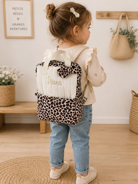 Le sac à dos enfant Ombeline gaze crème et léopard