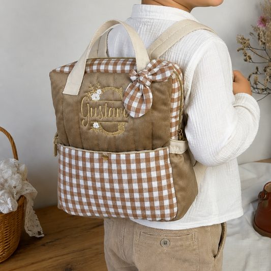 Le sac à dos enfant Ombeline gaze et vichy caramel