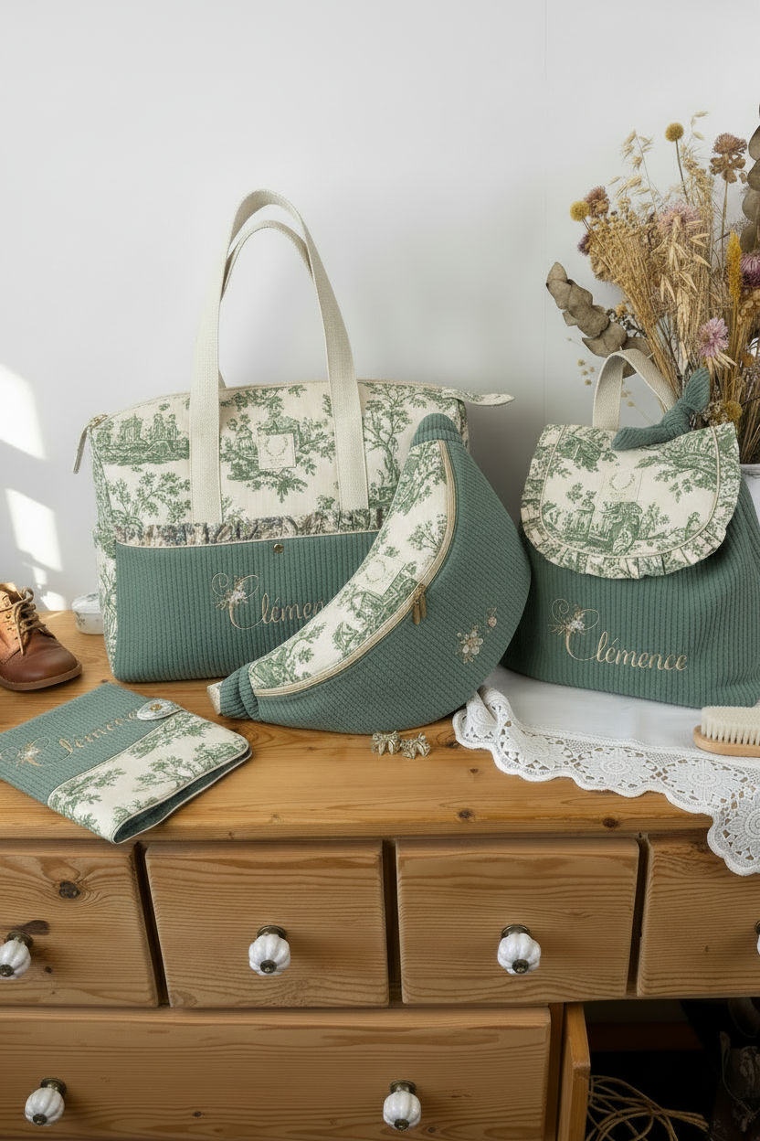 Ensemble : sac à langer/voyage, protège carnet, sac banane et sac à dos Eglantine