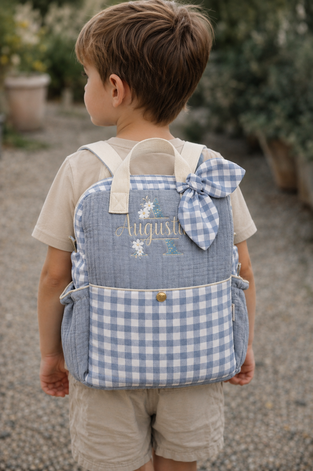 The Ombeline children's backpack in quilted gauze and sky blue gingham