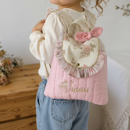 Le sac à dos Églantine jacquard roses pailleté gaze rose poudré