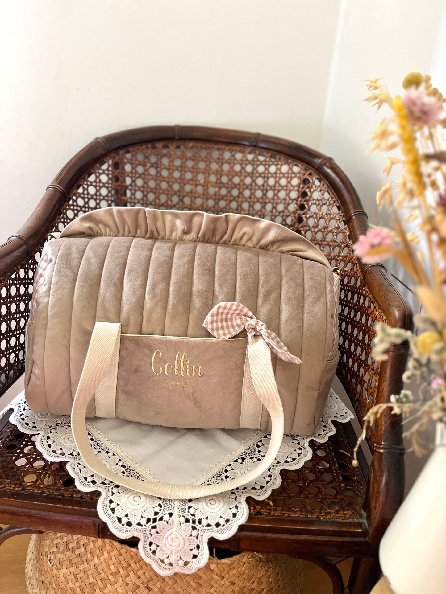 Sac Louison velours et vichy galet personnalisable