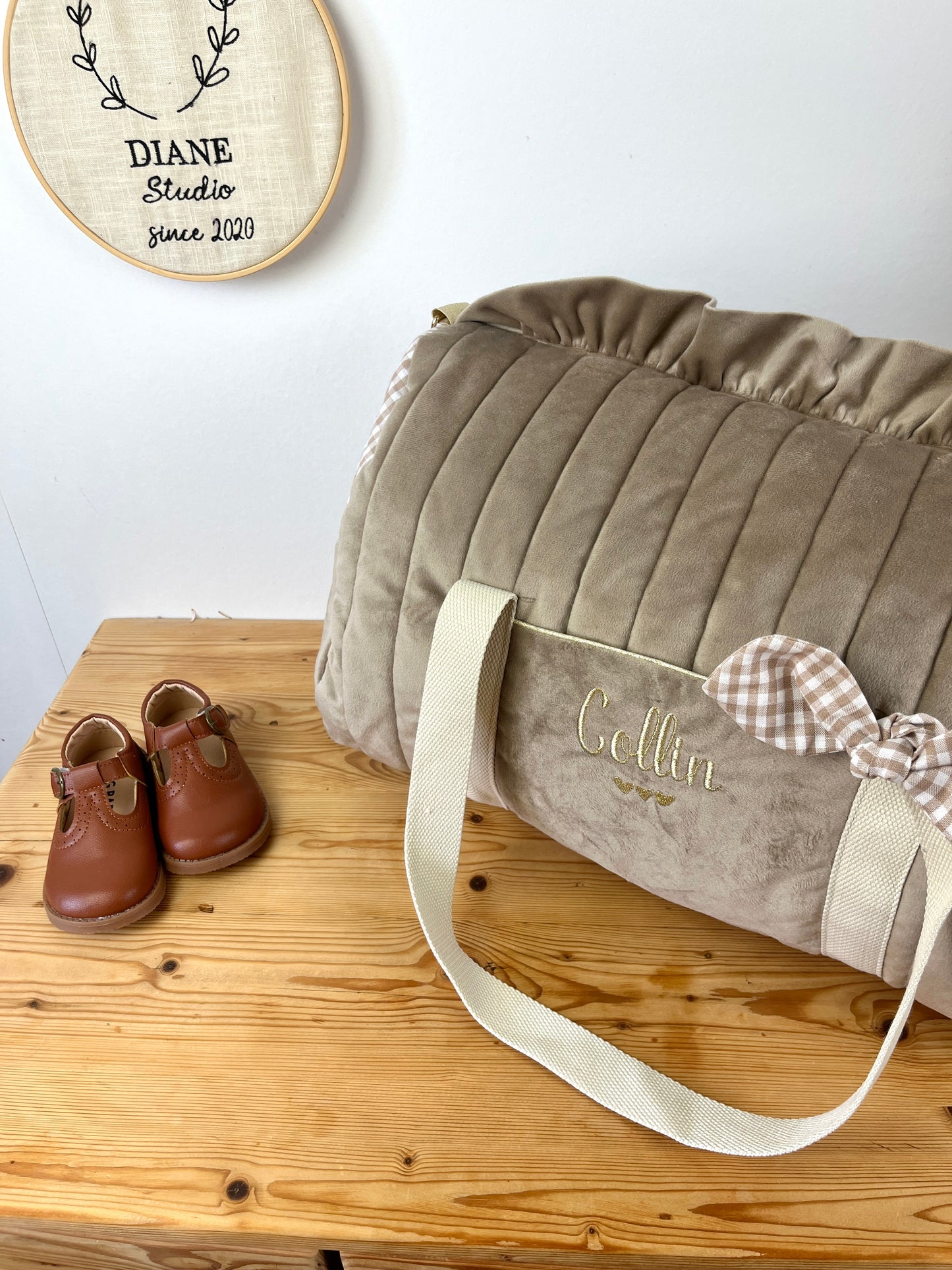 Sac Louison velours et vichy galet personnalisable