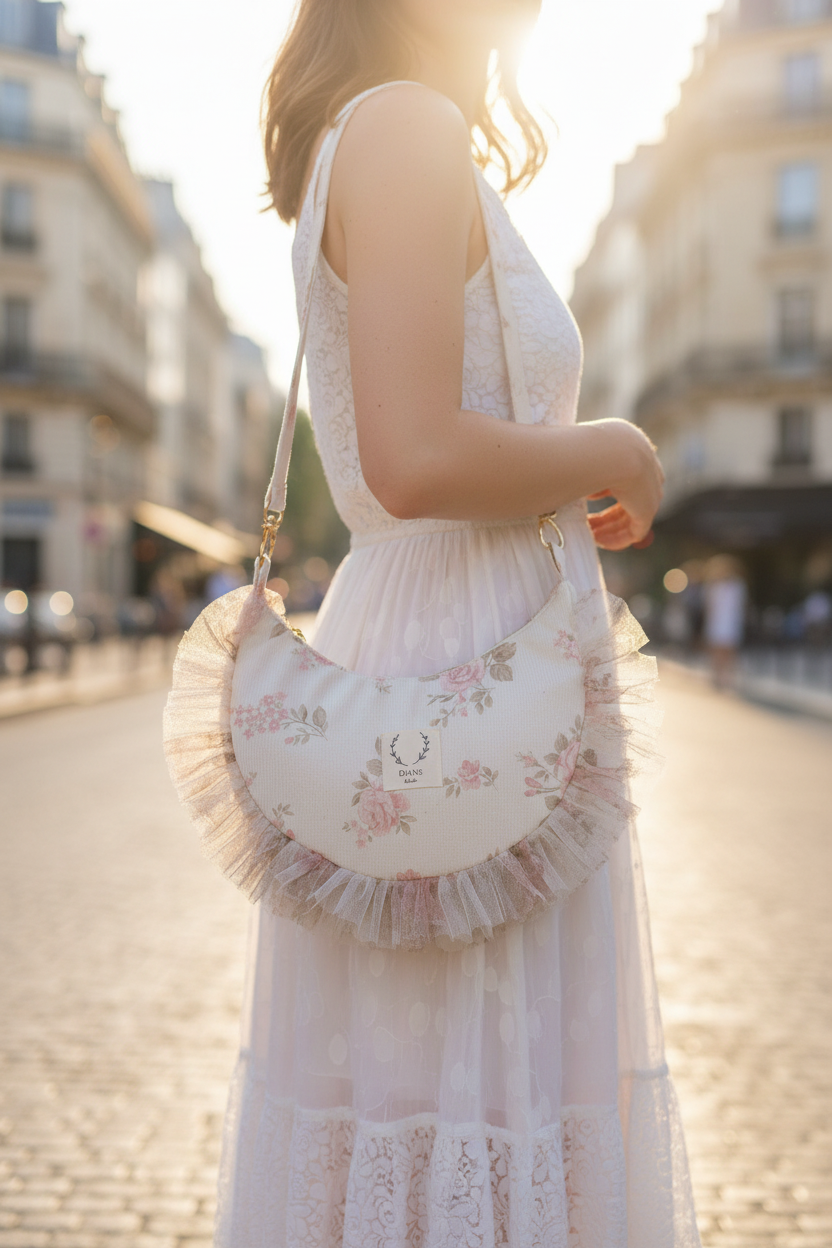 Milan the croissant bag jacquard roses and glittery tulle French-in stock