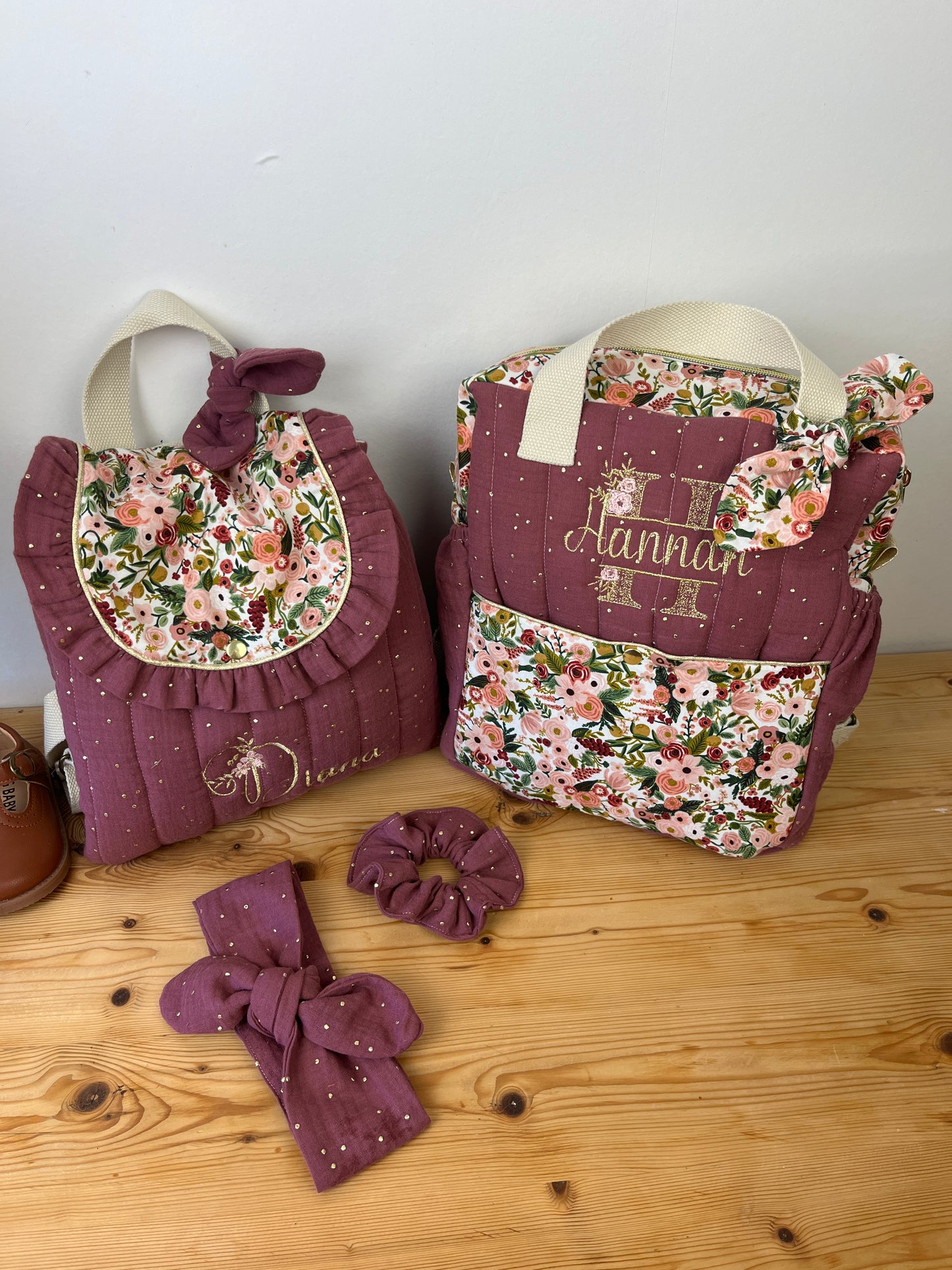 Set: lace initial duffel bag and Eglantine backpack