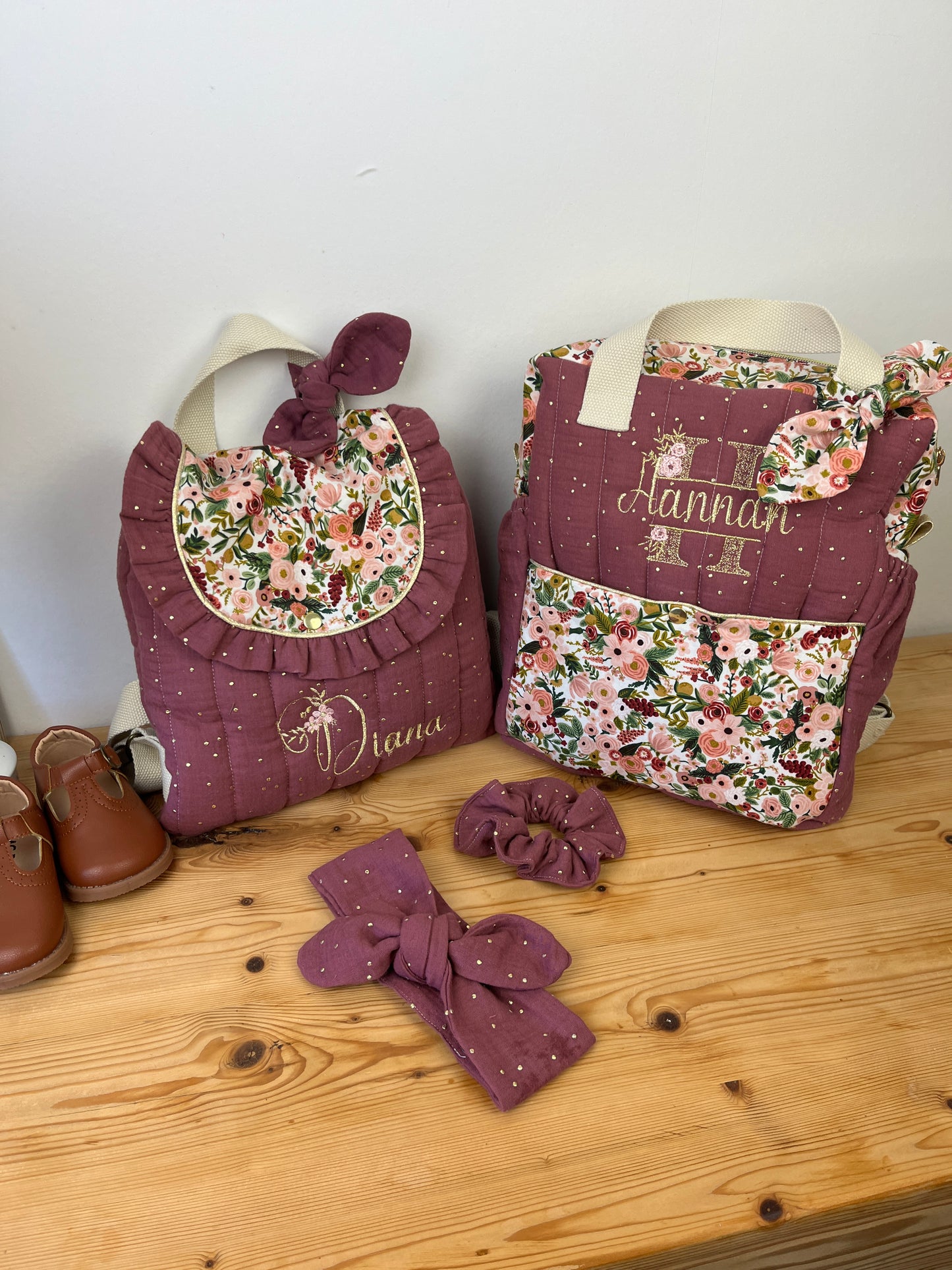Set: lace initial duffel bag and Eglantine backpack