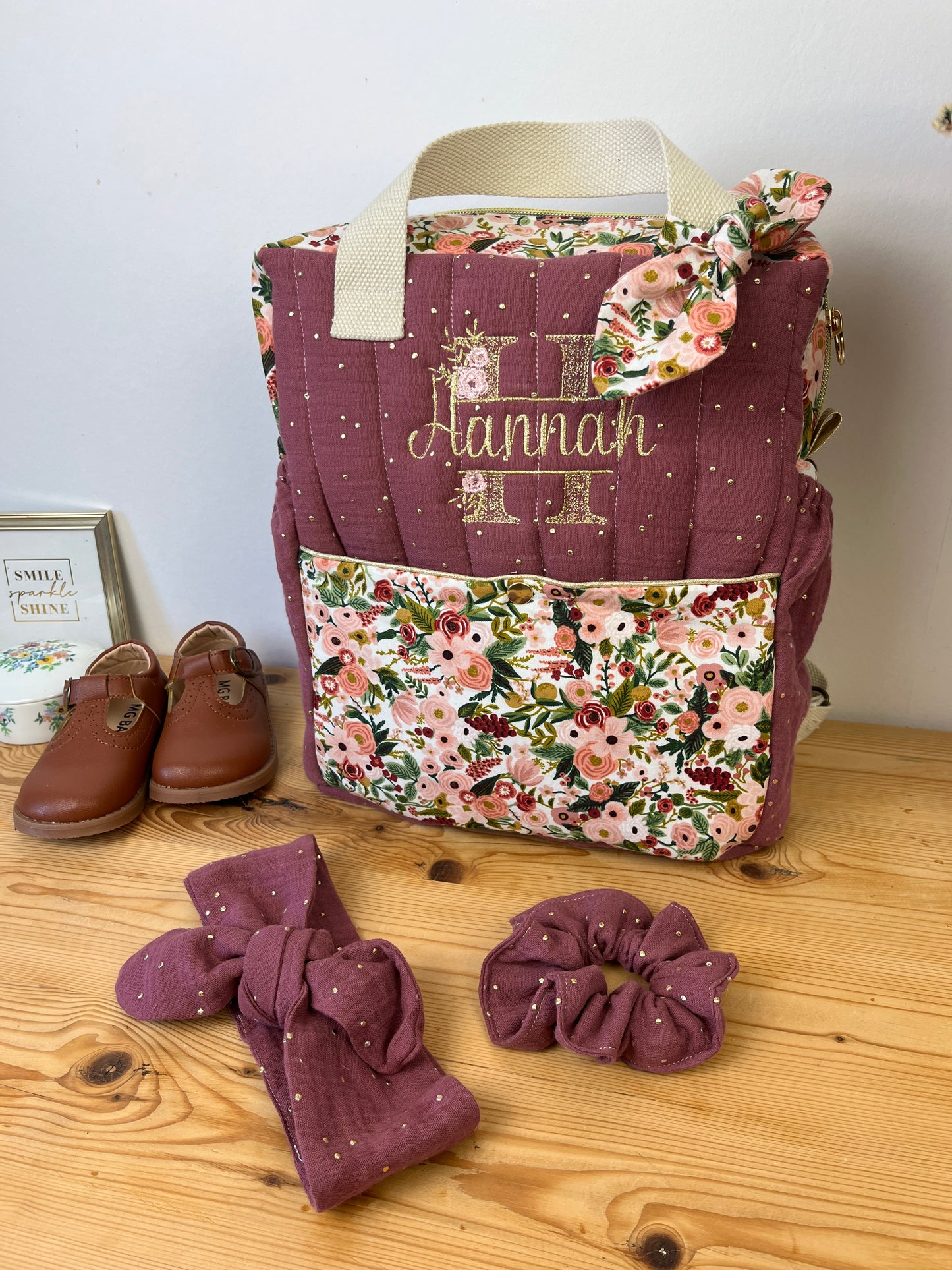 Set: lace initial duffel bag and Eglantine backpack