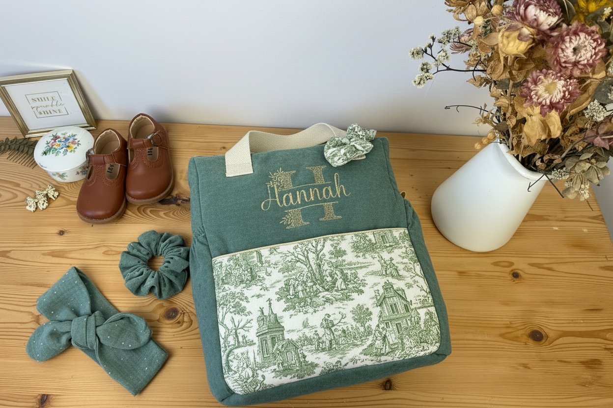 Ensemble : sac Ombeline initiale dentelle, bandeau et chouchou