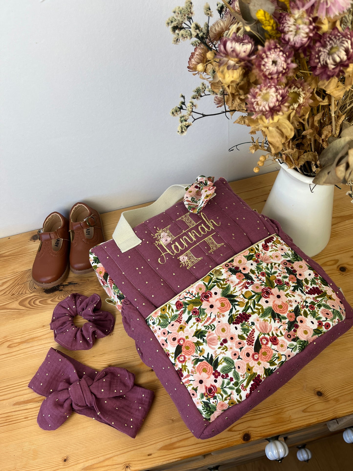 Set: lace initial duffel bag and Eglantine backpack