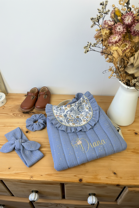 Ensemble : sac Eglantine initiale fleurie, bandeau et chouchou