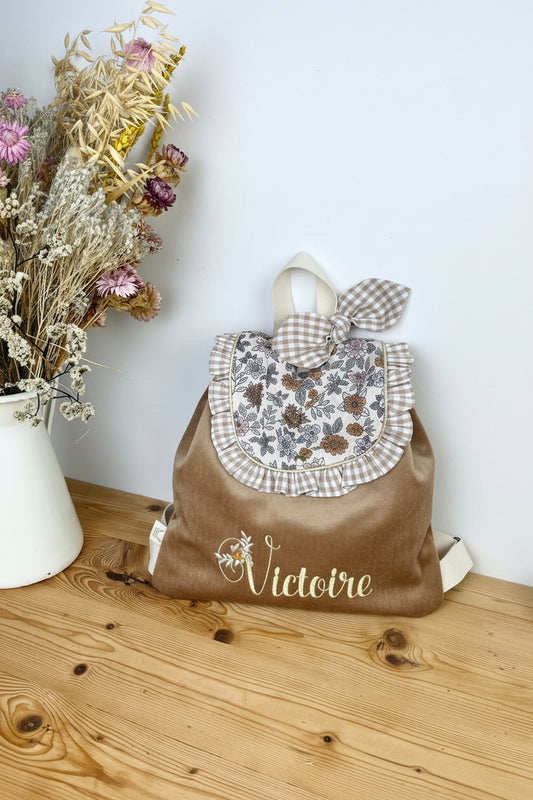 Le sac à dos Églantine velours camel et marion