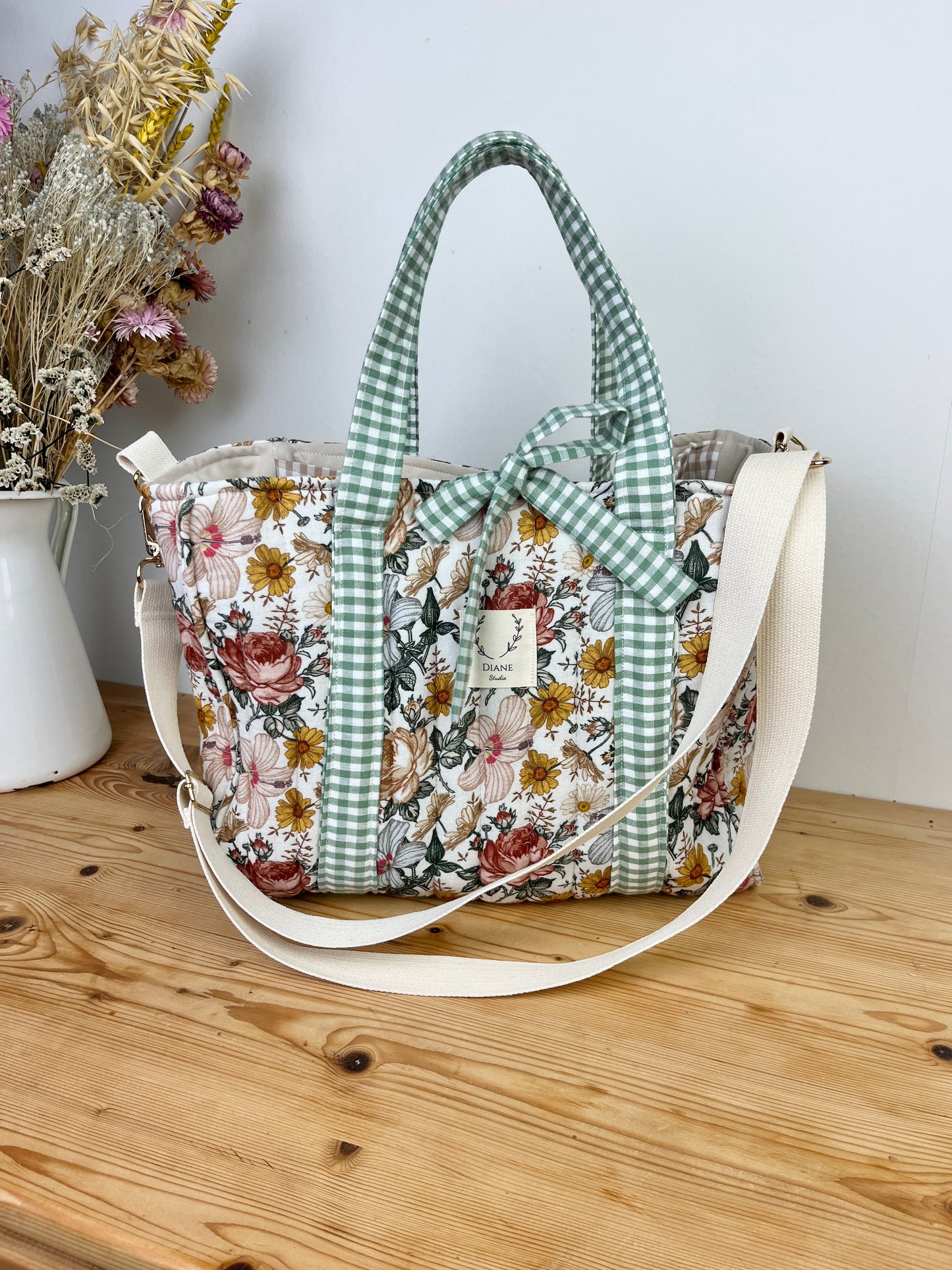 The Aurore bag in vintage gauze and sage gingham