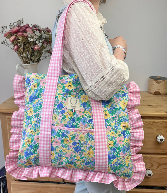 Le grand tote bag Agnès vichy rose et Liberty malvern meadow