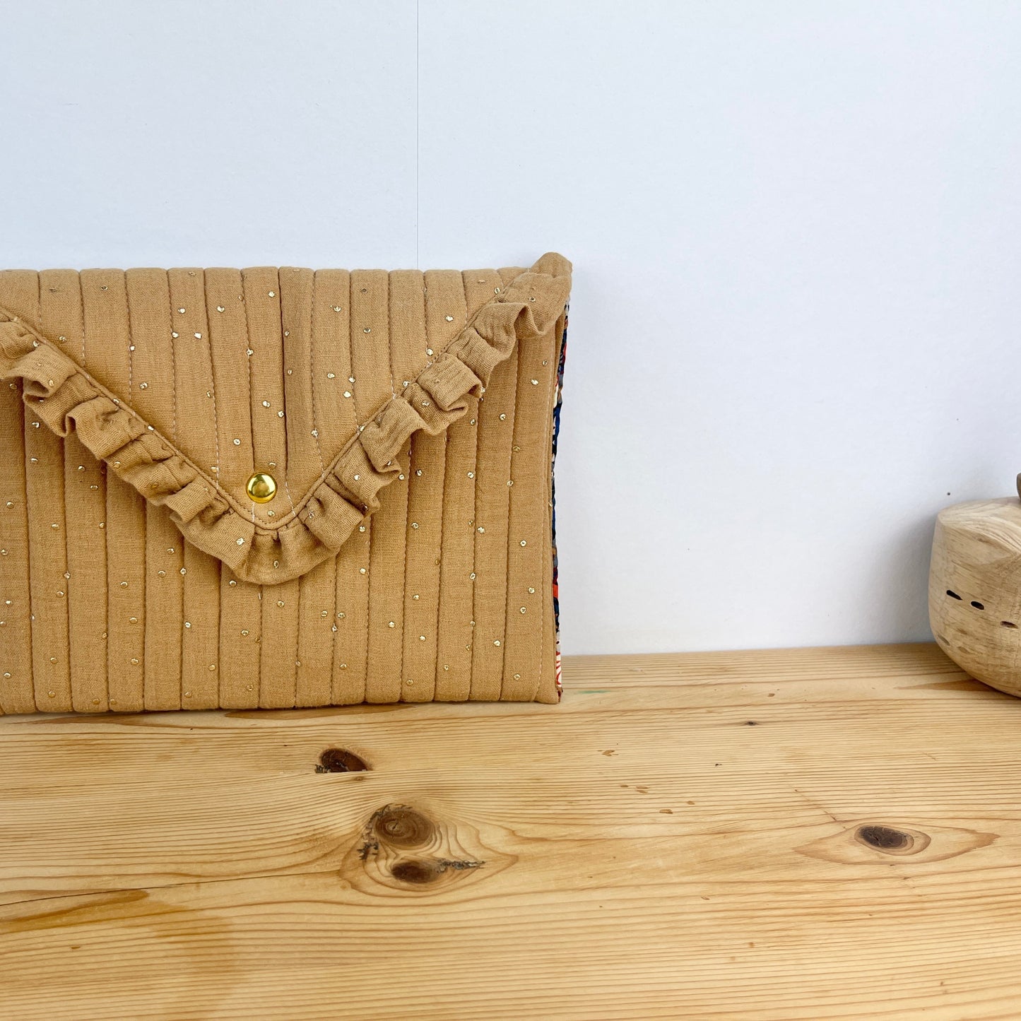 Charlotte camel and gold clutch with Liberty of London