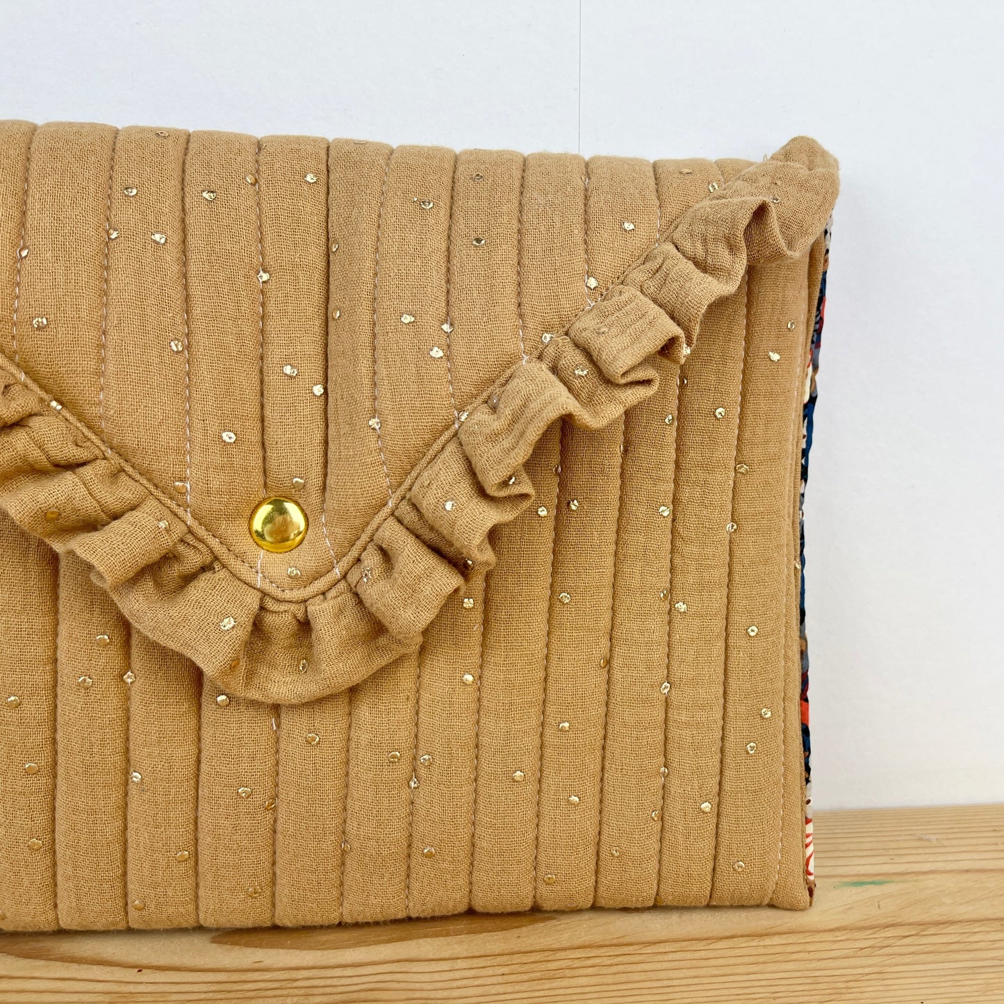 Charlotte camel and gold clutch with Liberty of London