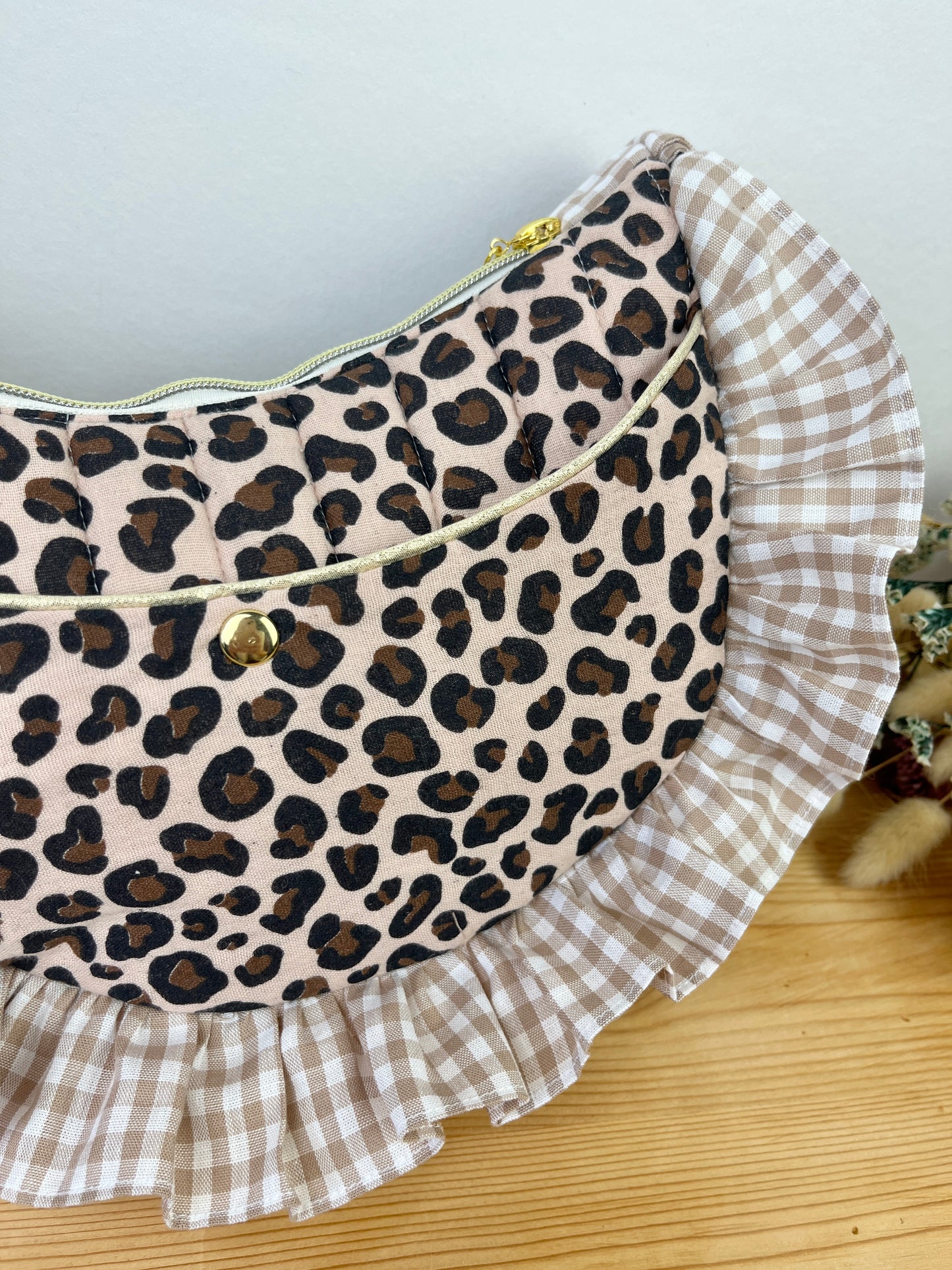 Milan the quilted crescent bag in leopard and beige gingham