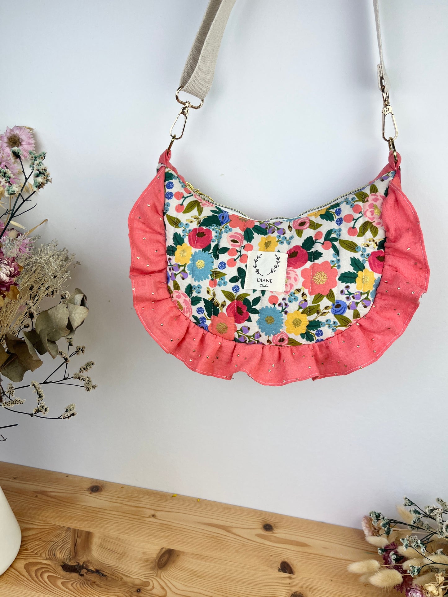 Milan the vintage quilted crescent bag in cream and coral