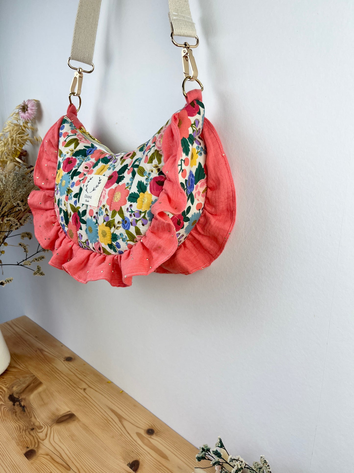 Milan the vintage quilted crescent bag in cream and coral