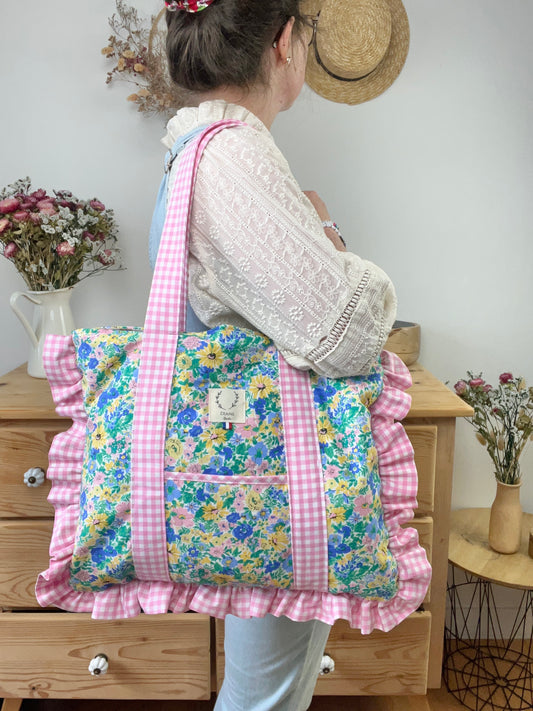 Le grand tote bag Agnès vichy rose et Liberty malvern meadow