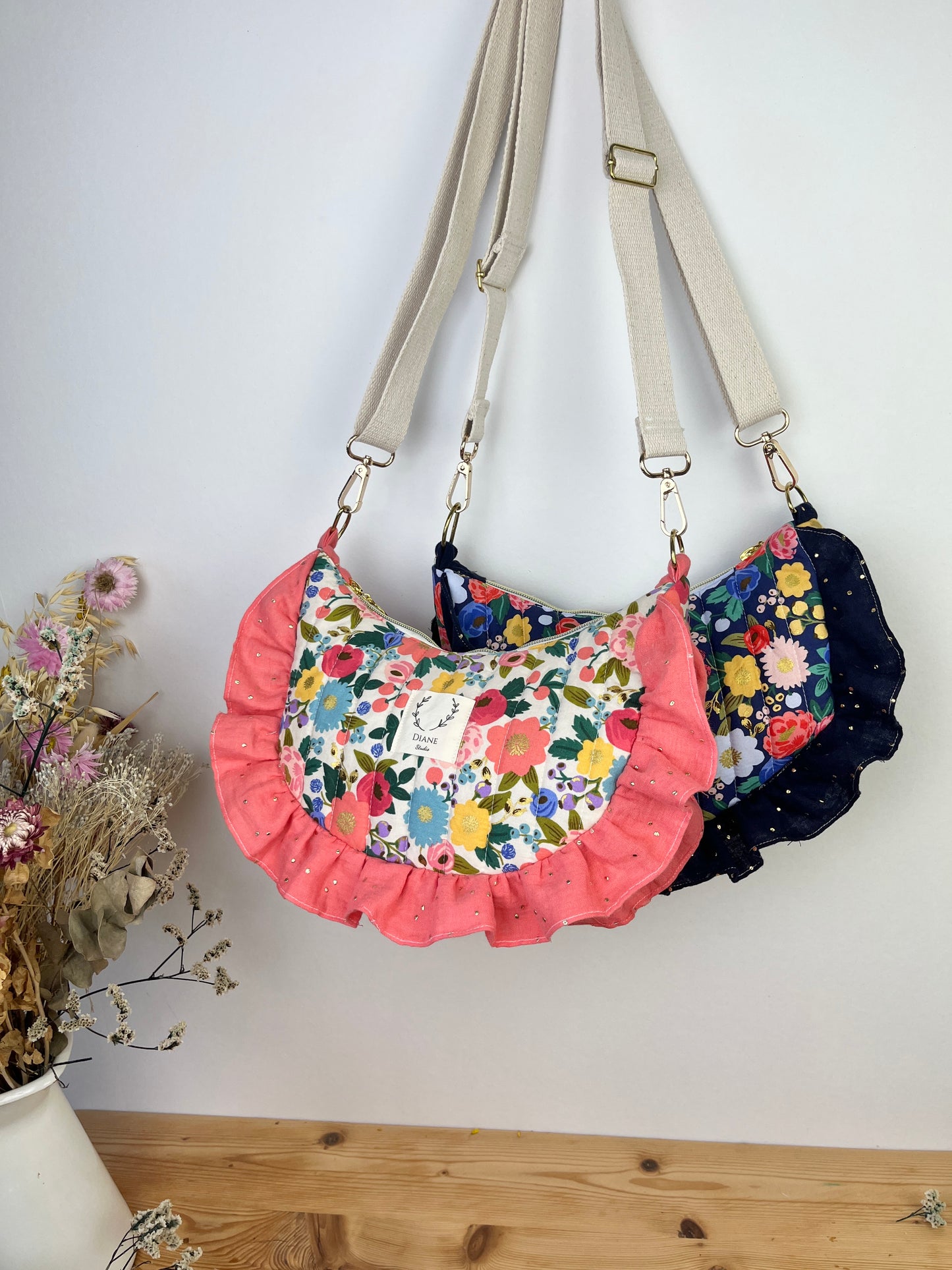 Milan the vintage quilted crescent bag in cream and coral