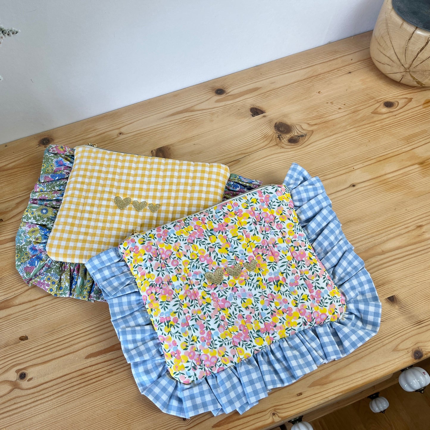 Quilted flat clutch bag in yellow gingham and Liberty of London
