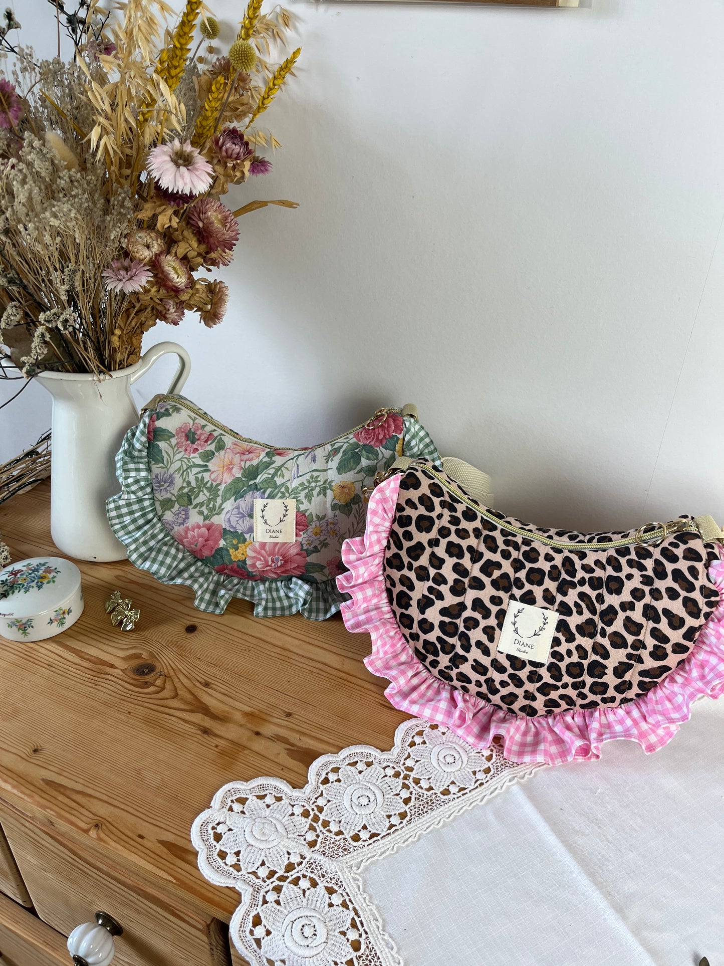 Milan the quilted crescent bag in leopard and beige gingham